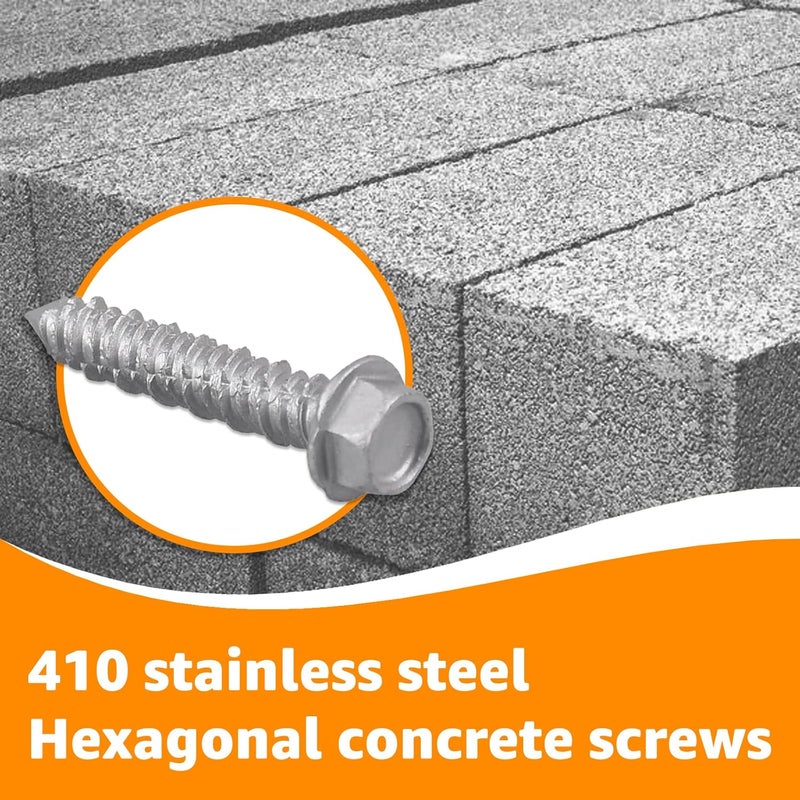 GUSUUI 100 PCS Concrete Screws 1/4" x 1-1/4", 410 Stainless Steel Hex Concrete Screw Kit with Drill Bit and Hex Bit Socket for Anchoring to Masonry, Block, Brick - Image 2